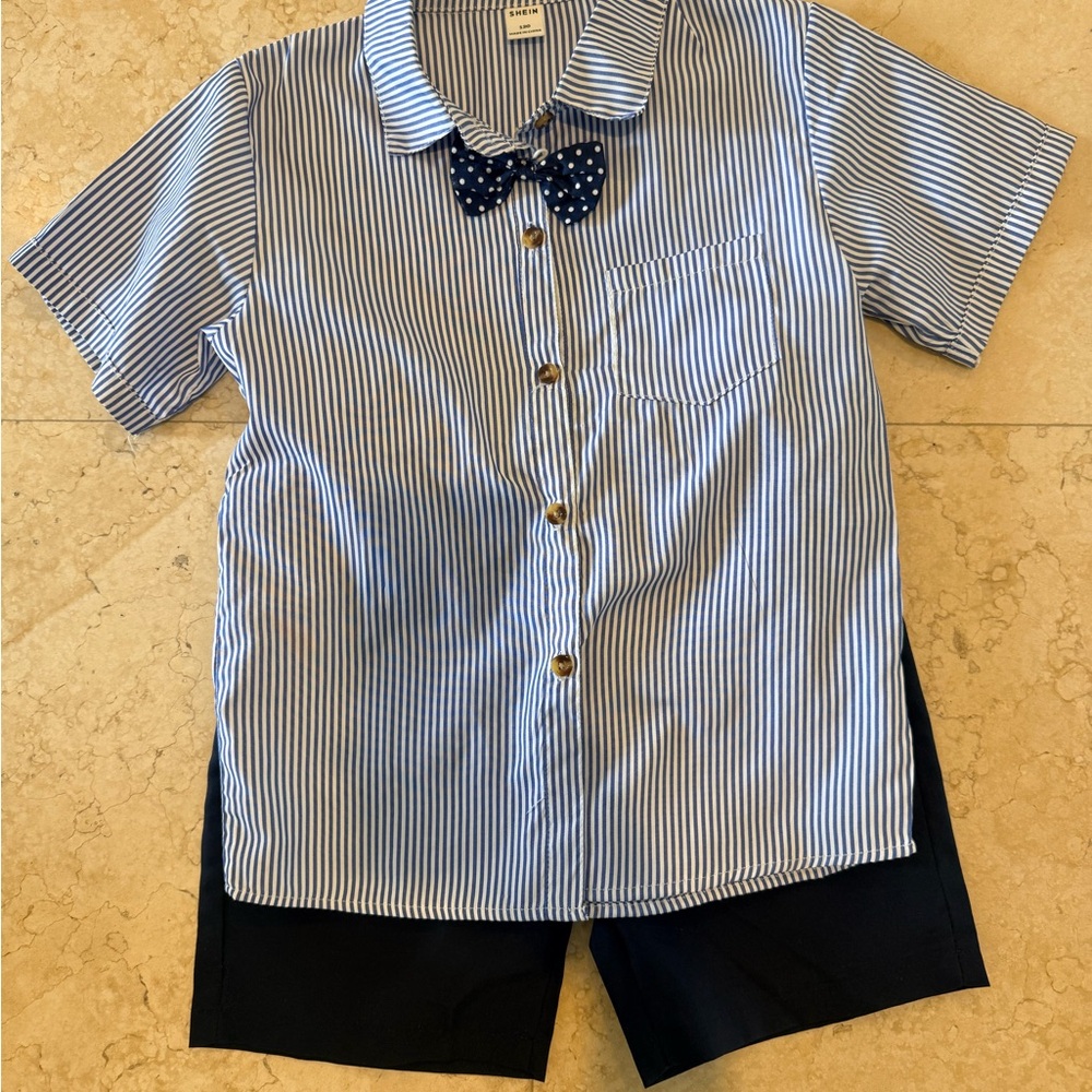 Boys 3 piece set with button down shirt, shorts and bow tie.